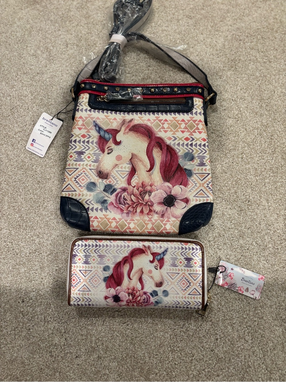 NWT BRENTANO Crossbody and Wallet Set features a graphic of a unicorn